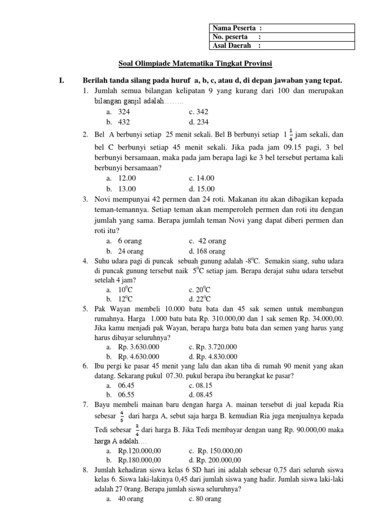 Soal Olimpiade Matematika Tingkat Provinsi Pdf