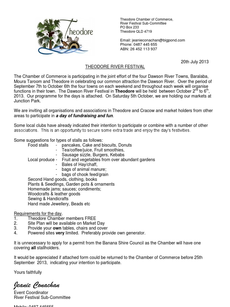 2013 Letter to Organisations for Market Stall Holders Insurance