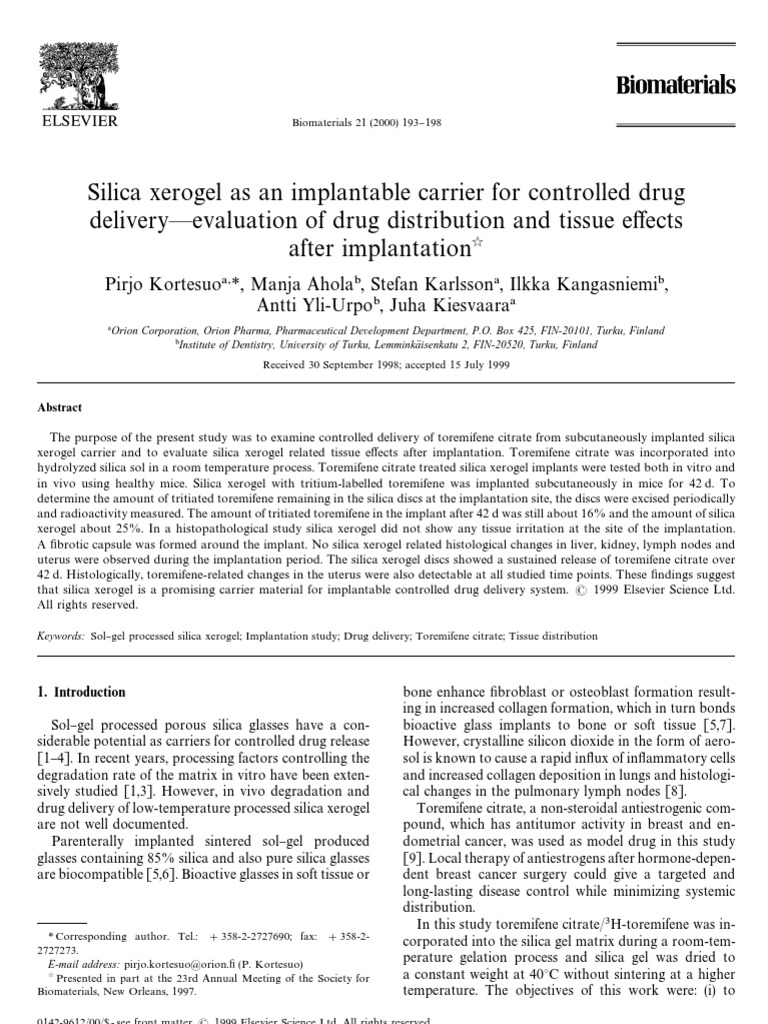 Silica Xerogel as an Implantable Carrier for Controlled Drug Silicon Dioxide Gel