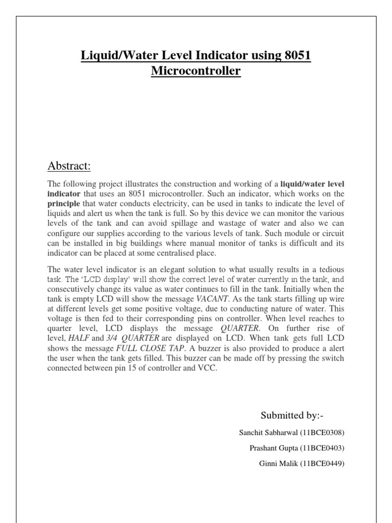 Liquid/Water Level Indicator Using 8051 Microcontroller Abstract PDF