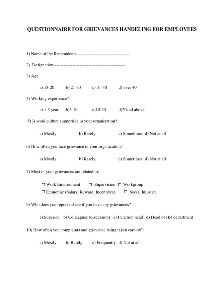 Questionnaire of Grievance Handling Economies Employment