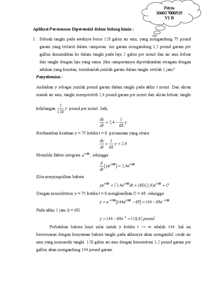 Aplikasi Persamaan Diperensial Dalam Bidang Kimia