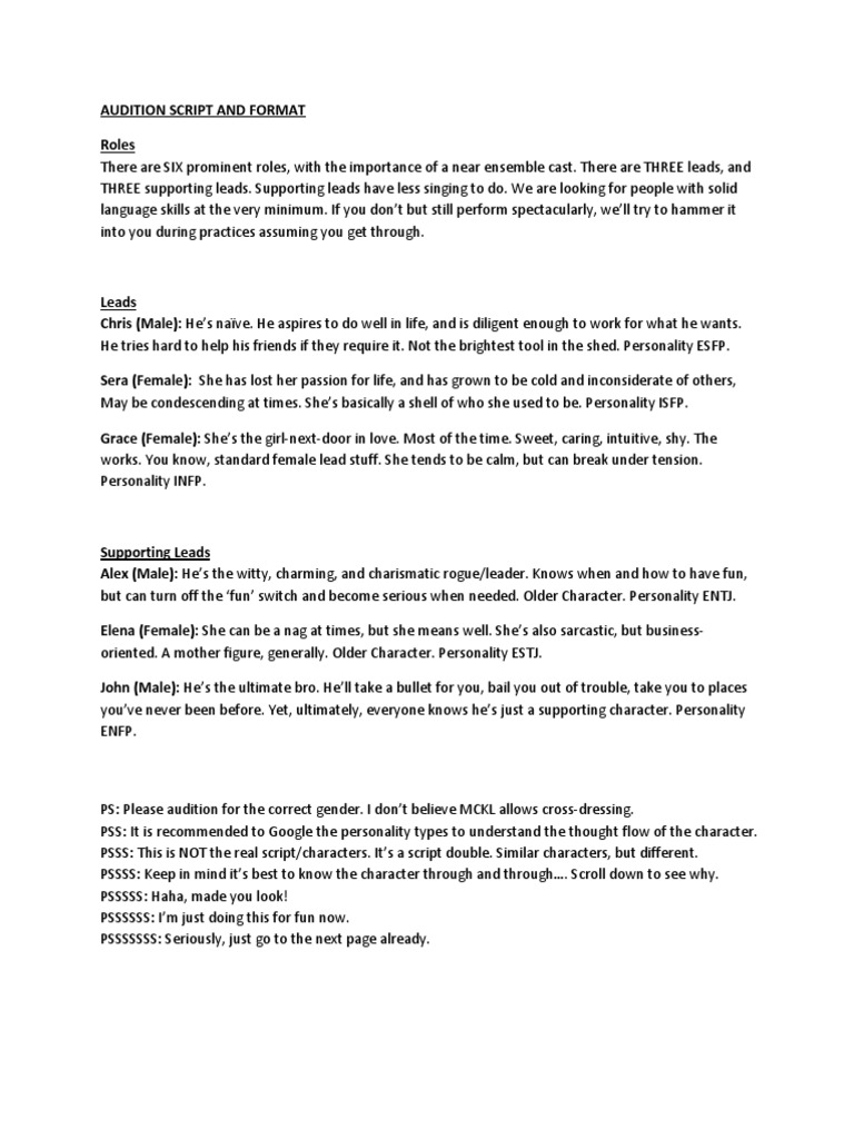 Audition Scripts & Format Audition Singing