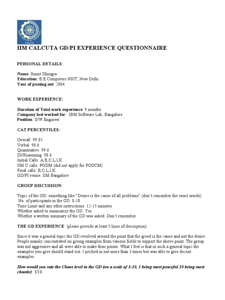 IIM Calcutta GD/PI Experience Insights | PDF | Questionnaire | Epistemology