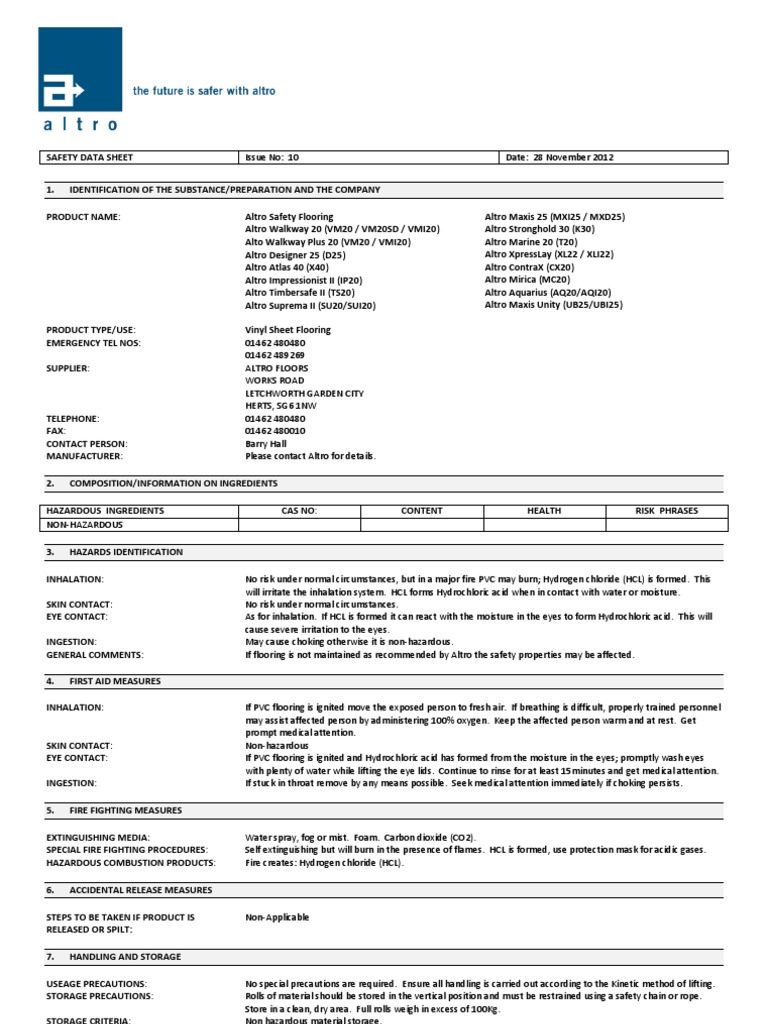 Altro Safety Flooring MSDS PDF PDF Hydrochloric Acid Polyvinyl