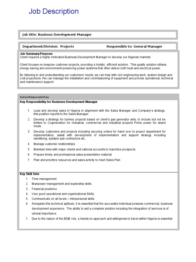 Business Development Manager Jd | Pdf | Business Development | Leadership