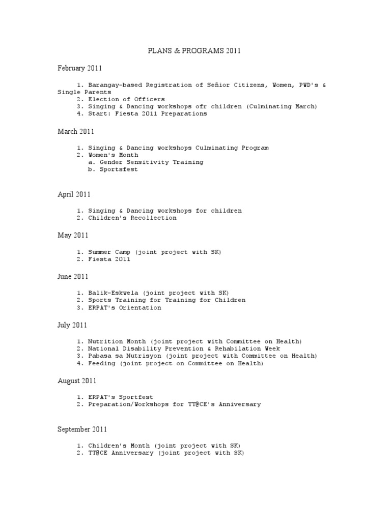 PLANS and Programs of Barangay | PDF | Travel | Wellness