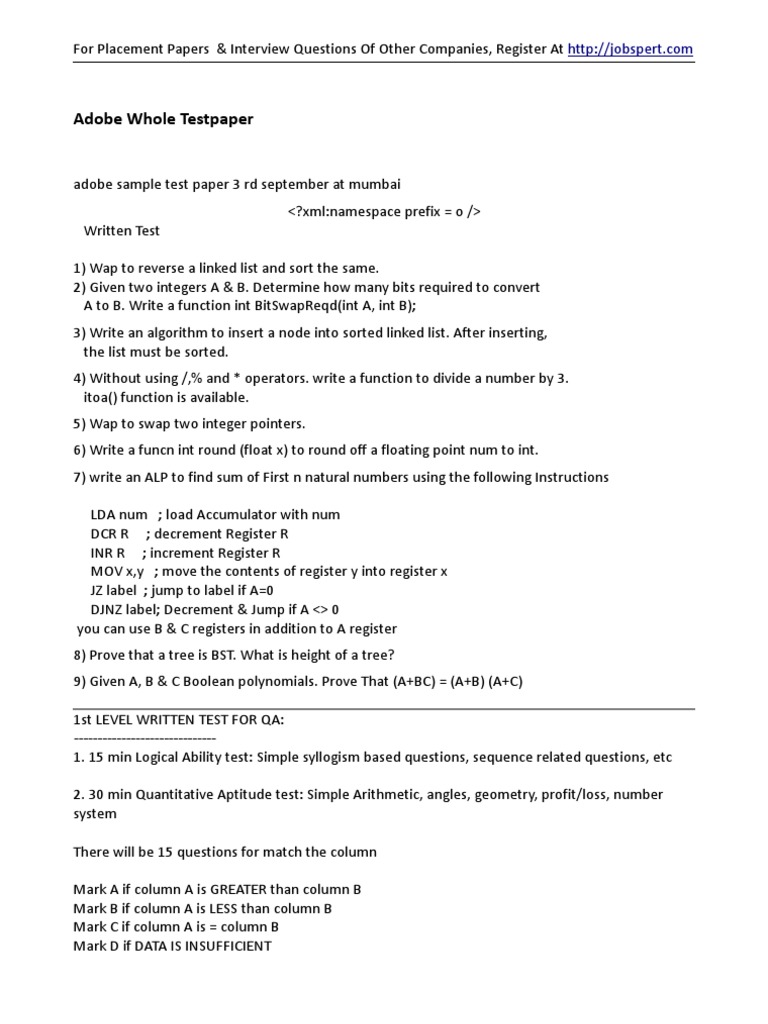 Adobe QA Interview Questions & Test Papers | PDF | Software Bug ...