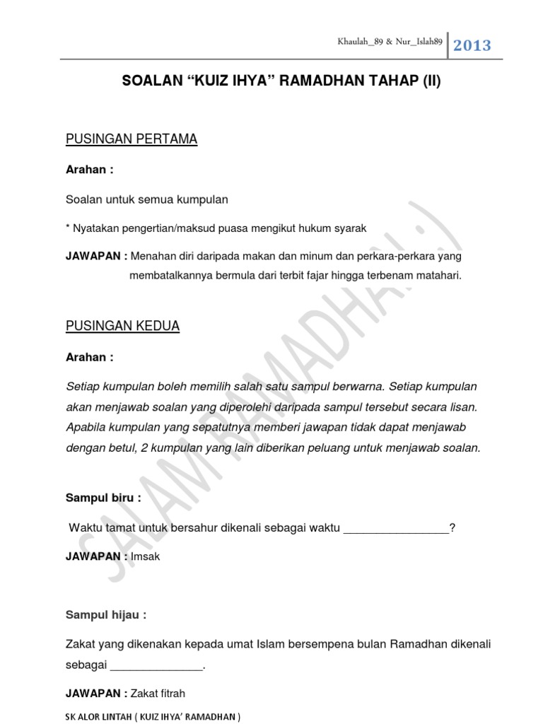 Soalan Kuiz Ihya Ramadhan Pdf