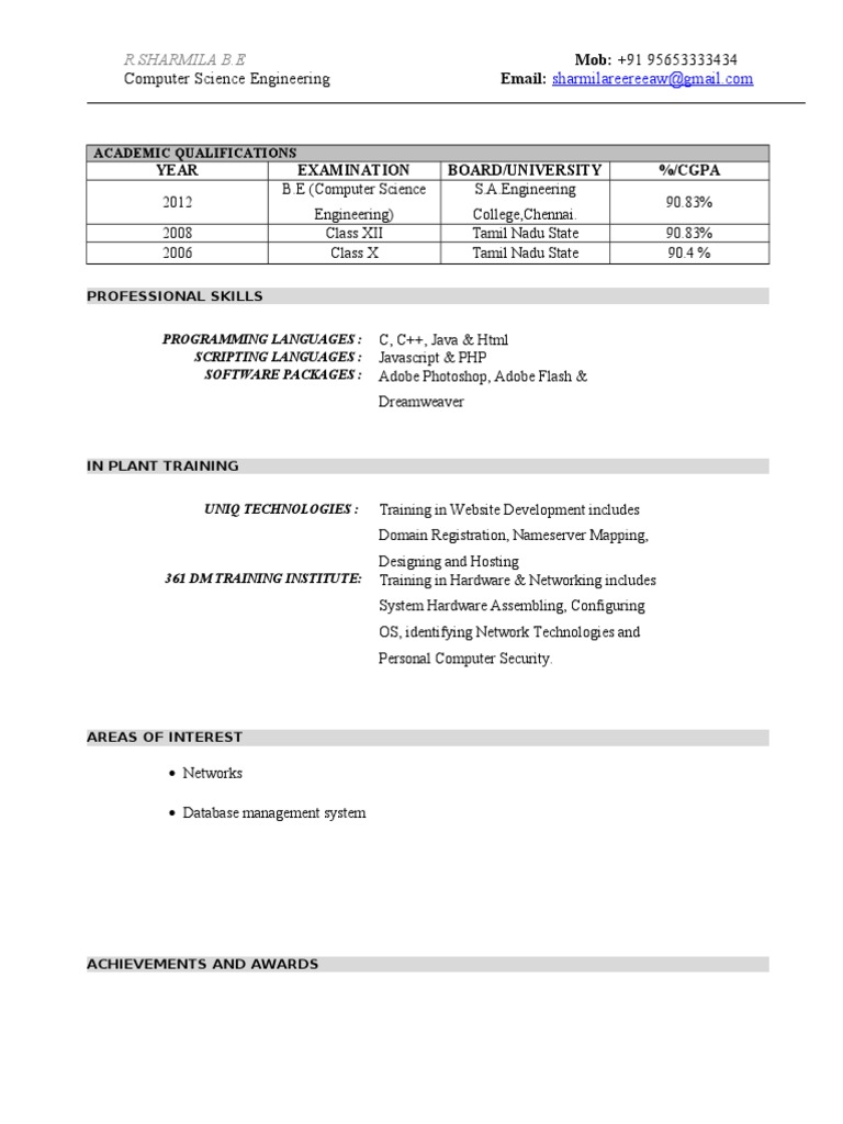 Resume For A Recently Passed Out Engineering Fresher