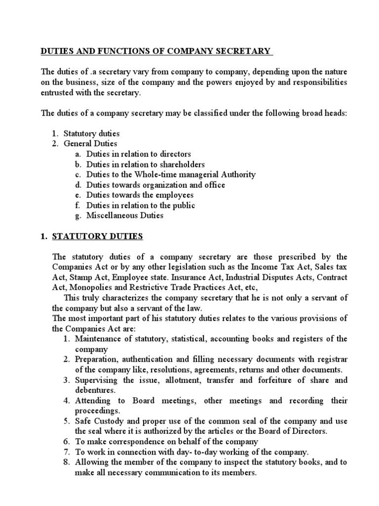 Duties and Functions of Company Secretary Board Of Directors Secretary