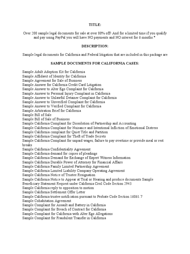 California Legal Document Samples | PDF | Demurrer | Complaint