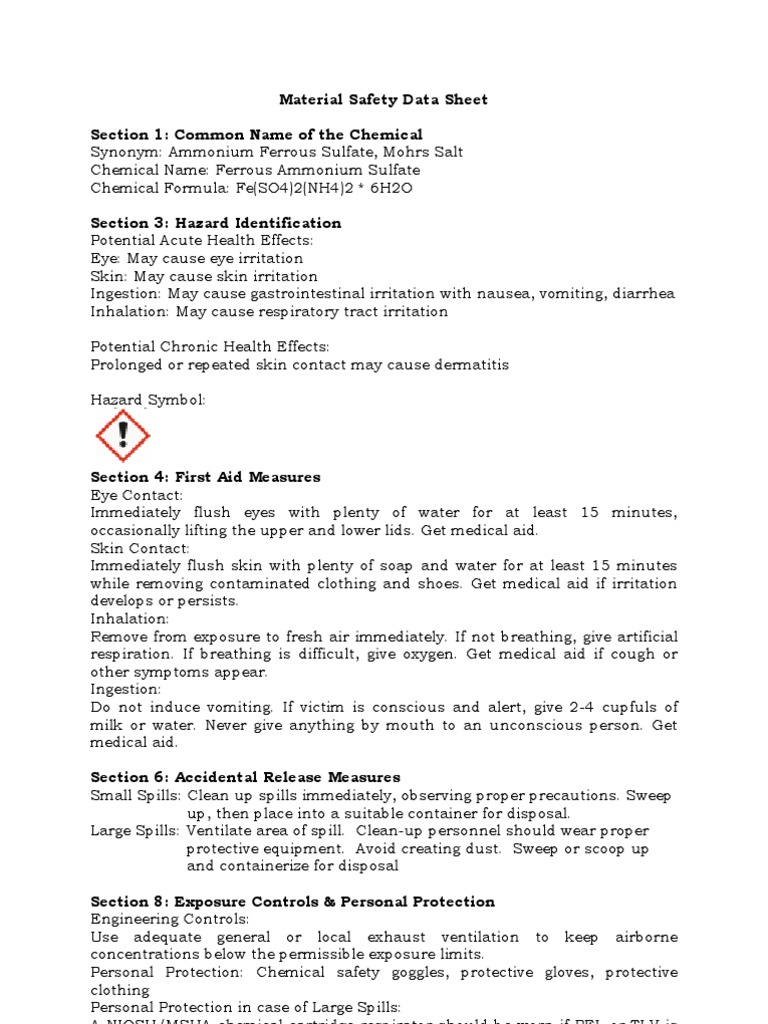 MSDS Mohrs Salt Personal Protective Equipment Occupational Safety And Health