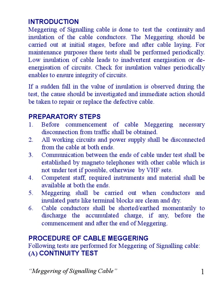 Cable Meggering and Testing Procedures | PDF | Electrical Conductor ...