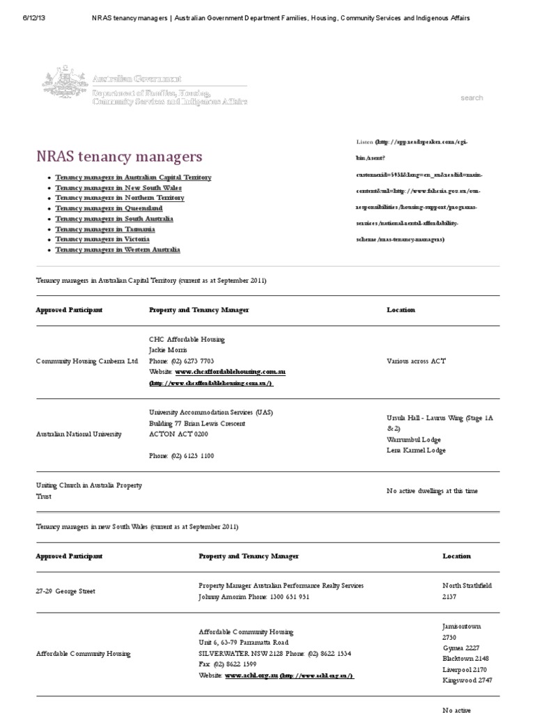 NRAS Tenancy Managers Australian Government Department Families