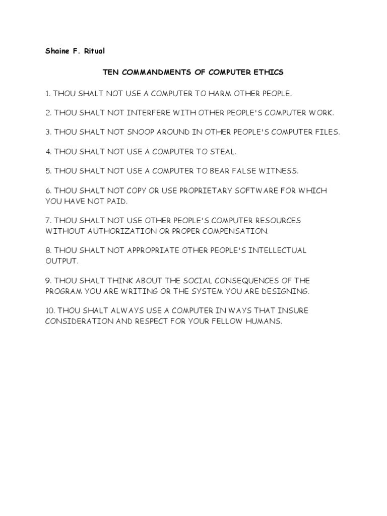 Ten Commandments of Computer Ethics | PDF | Computers