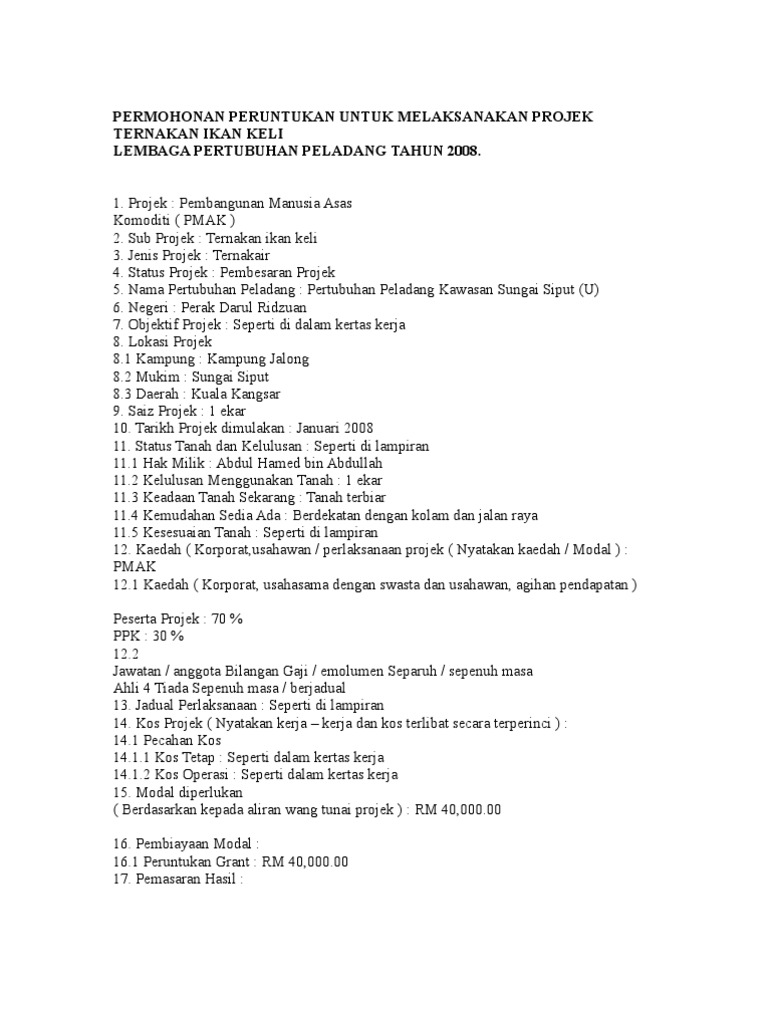 Kertas Kerja Projek Ternakan Ikan Keli