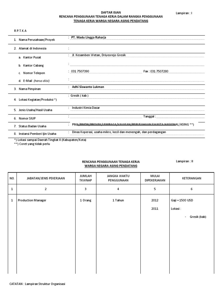 RPTKA PT Madu Lingga Raharja | PDF