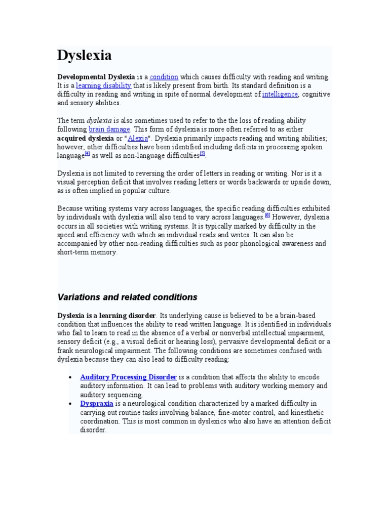 Dyslexia: Developmental Dyslexia Is A | PDF | Dyslexia | Neurology