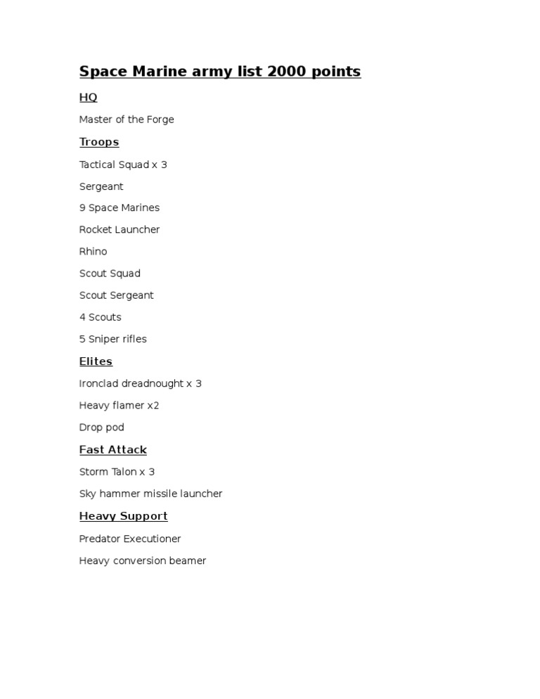 Space Marine Army List 2000 Points PDF
