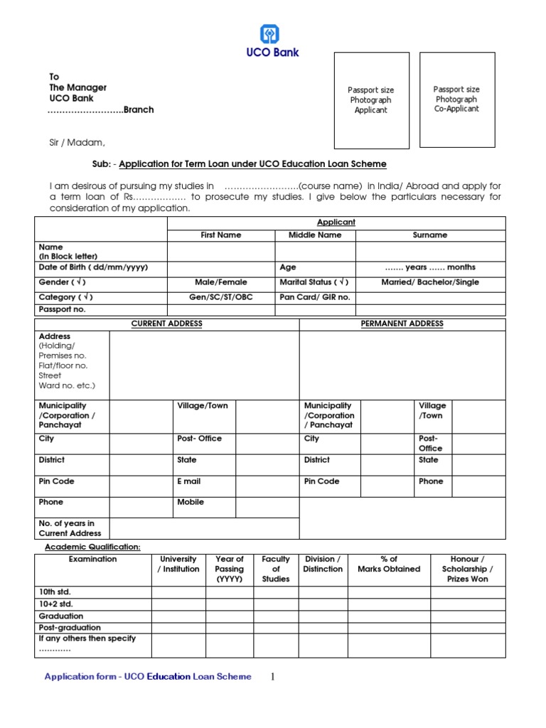 UCO Education Loan Form PDF Identity Document University And