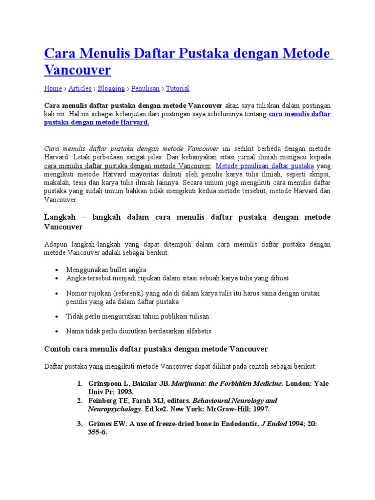 Cara Menulis Daftar Pustaka Dengan Metode Vancouver