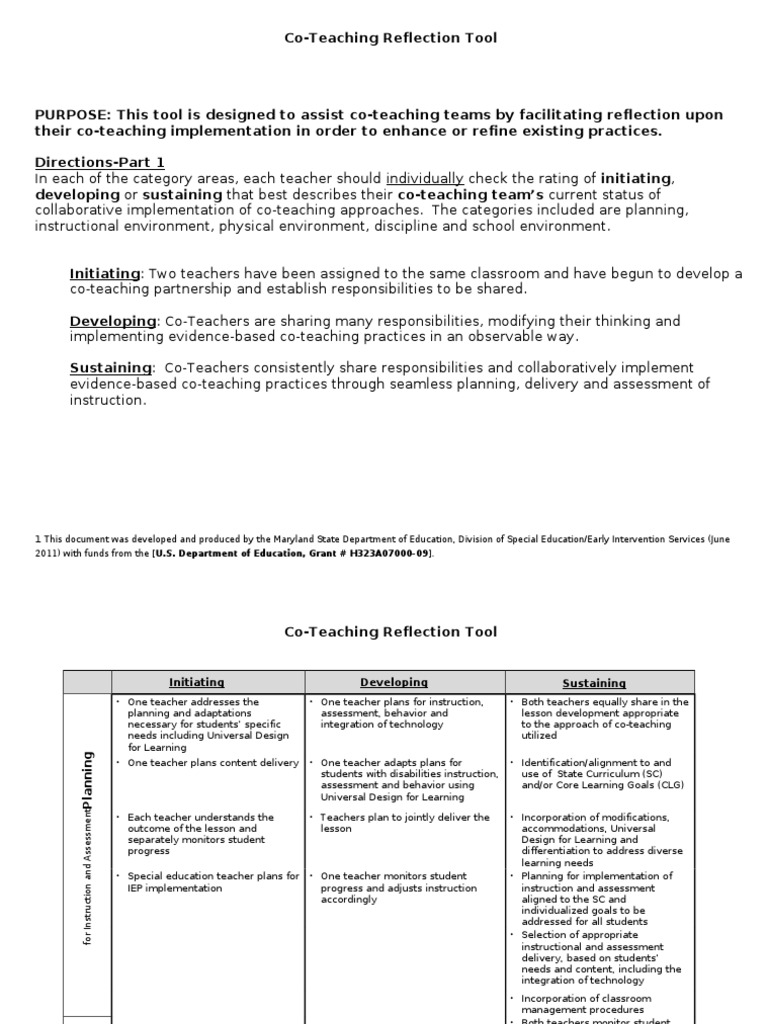 Co-Teaching Reflection Tool Guide | PDF | Special Education | Teachers