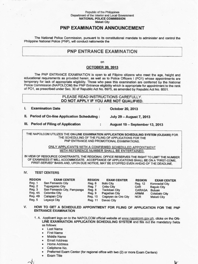 PNP Entrance Exam Requirements Oct 2013 PDF Test (Assessment