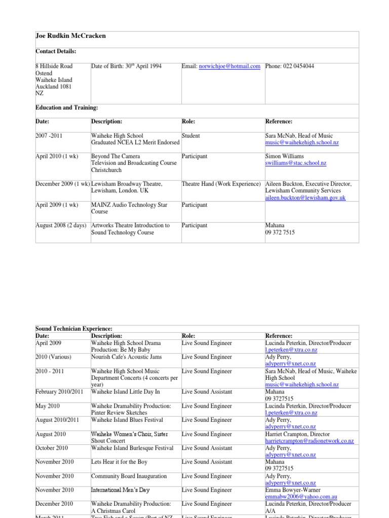Joe Rudkin McCracken: Sound Technician Resume | PDF | Audio Engineer ...