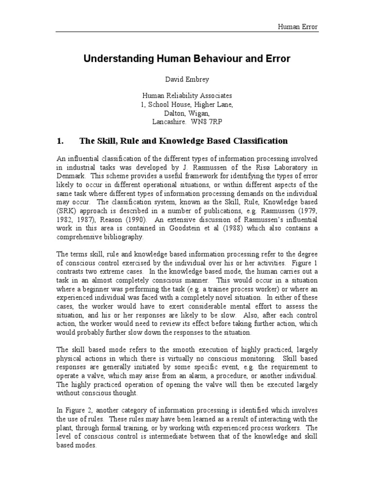 Understanding Human Behaviour and Error - 10 Pages | PDF | Reliability ...