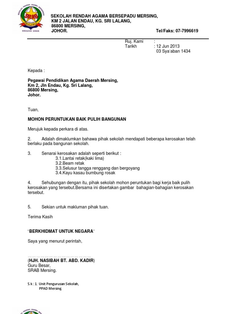 Contoh Surat Permohonan Perbelanjaan Baik Pulih Bangunan