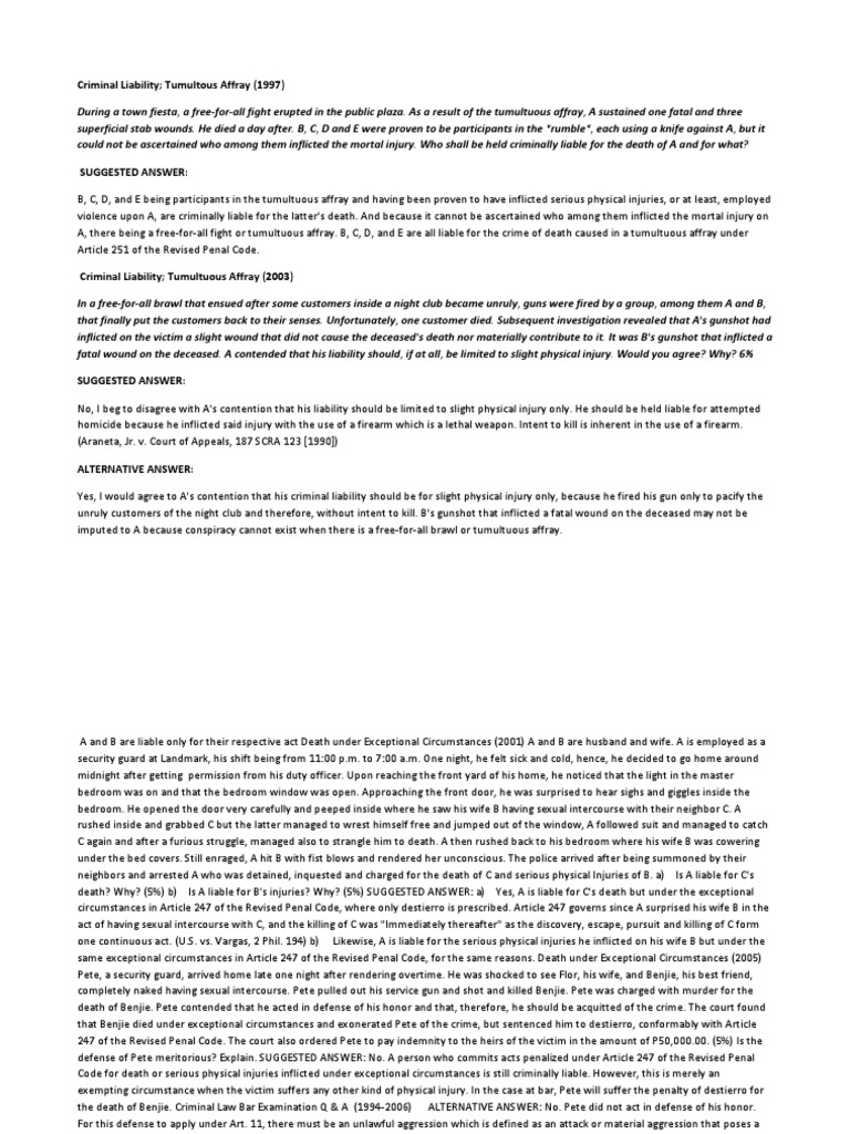 Criminal Law Bar Examination Questions With Answers PDF Rape Murder