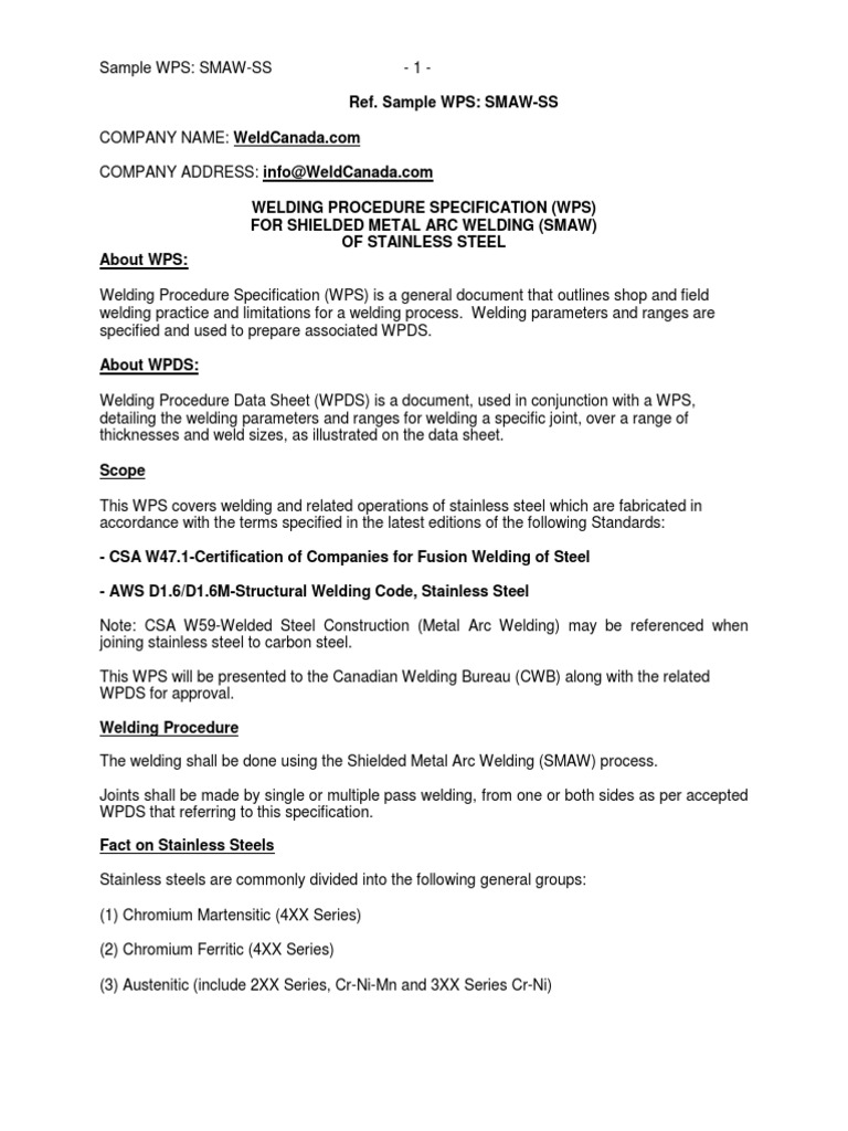 SMAW WPS for Stainless Steel Welding | PDF