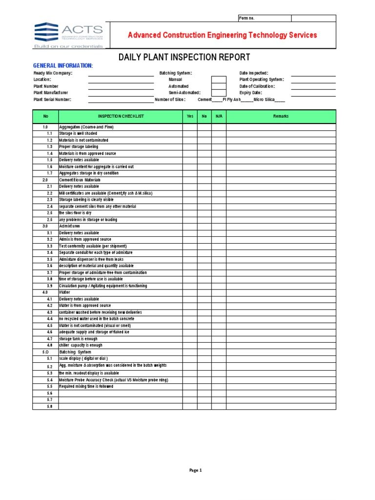 Daily Plant Inspection Report N | PDF | Concrete | Industries