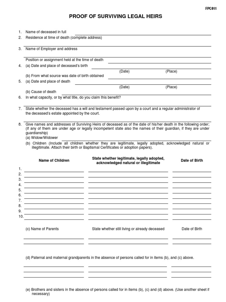 Pag Ibig Fpc011 Proof of Surviving Legal Heirs Legal Guardian Civil