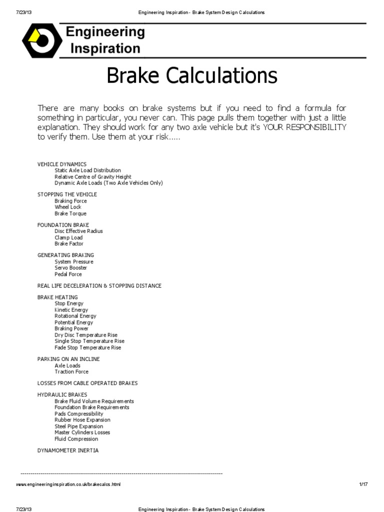 Engineering Inspiration Brake System Design Calculations PDF