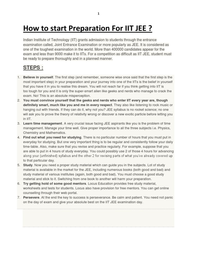 How To Start Preparation For IIT JEE | PDF | Test/Examination | Further ...