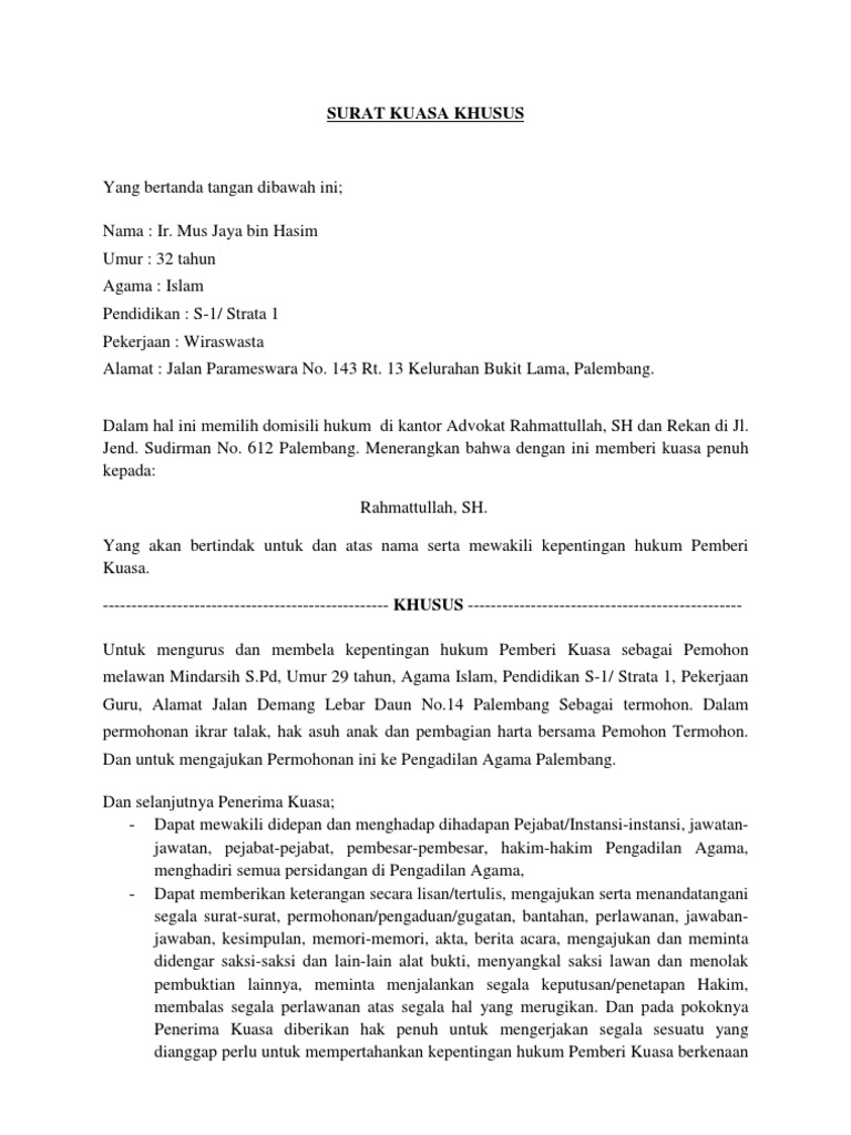 Contoh Surat Kuasa Istimewa Untuk Ikrar Talak Contoh Lif Co Id