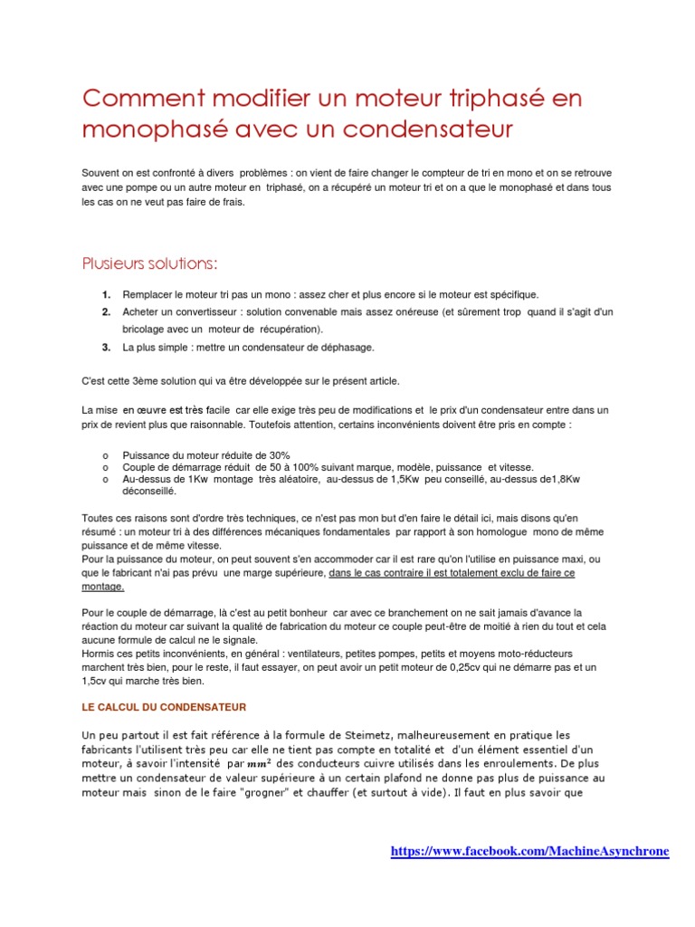 Transformer un moteur triphasé en monophasé PDF Condensateur — free download