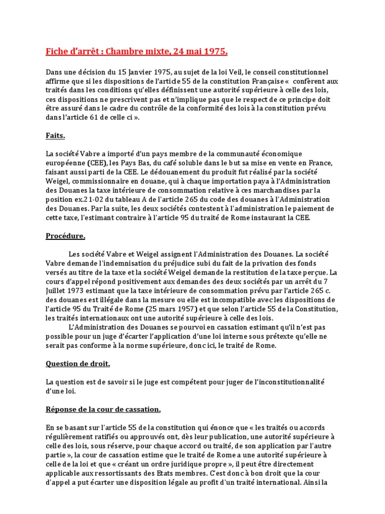fiche darret jacque vabre treaty statutory law
