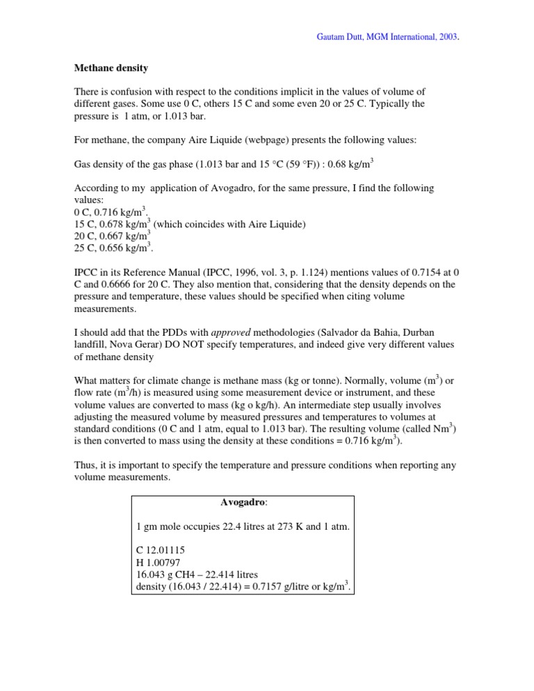 Methane Density at Standard Conditions | PDF
