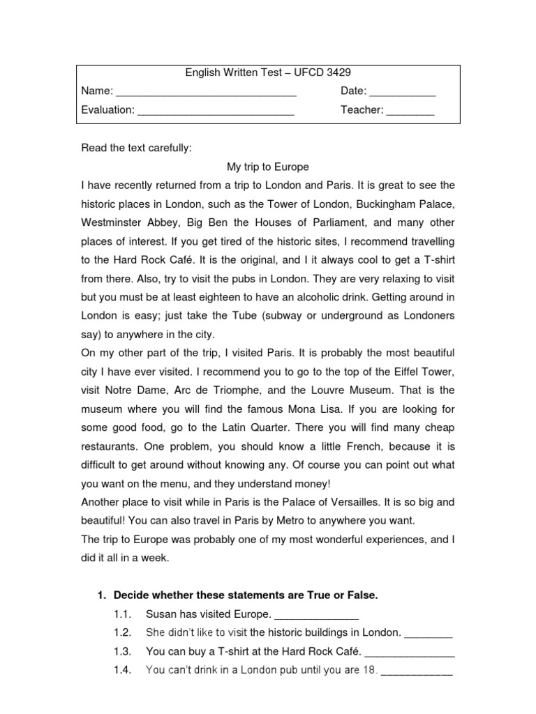 English Written Test: Europe Trip Insights | PDF | Paris | London
