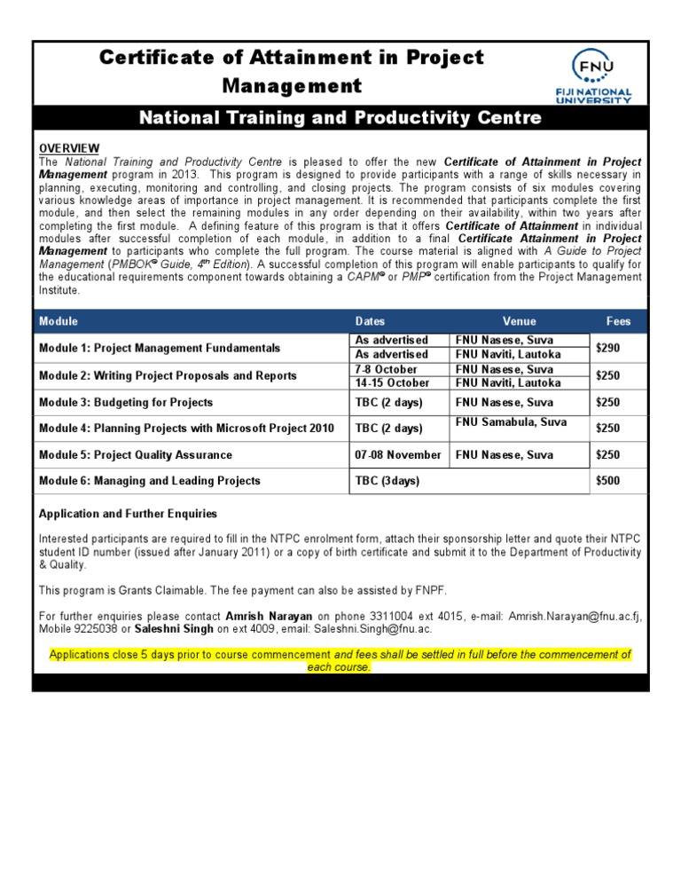 Certificate Of Attainment In Project Management 2013 Project Management Computing