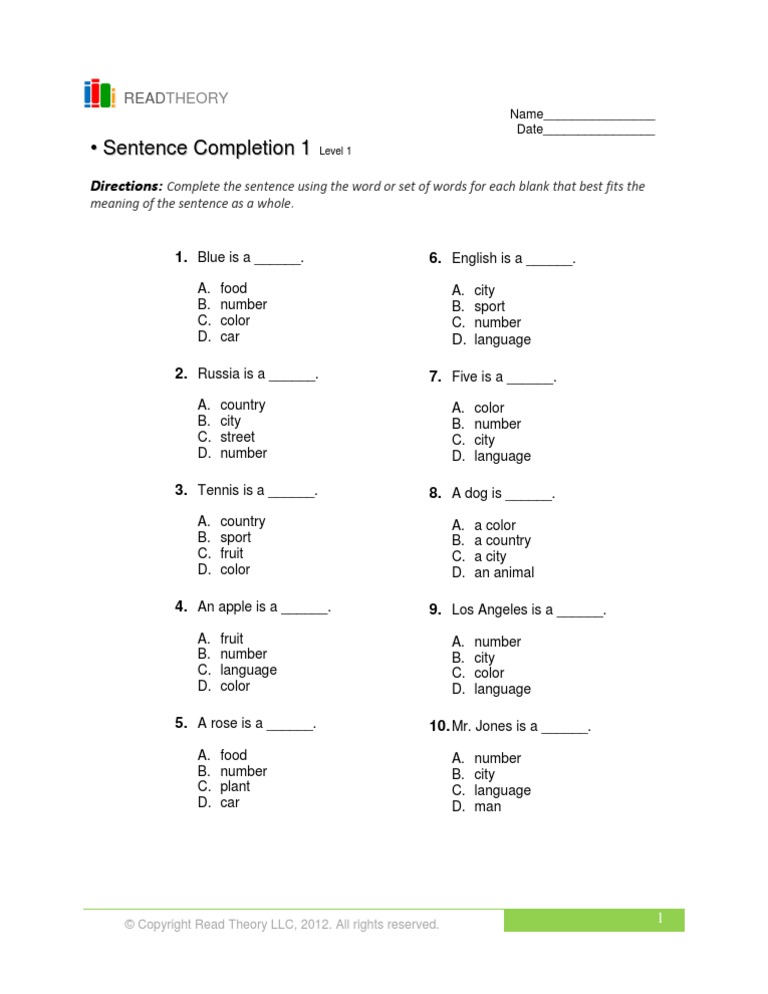 Exercise 3 Sentence Completion Worksheet