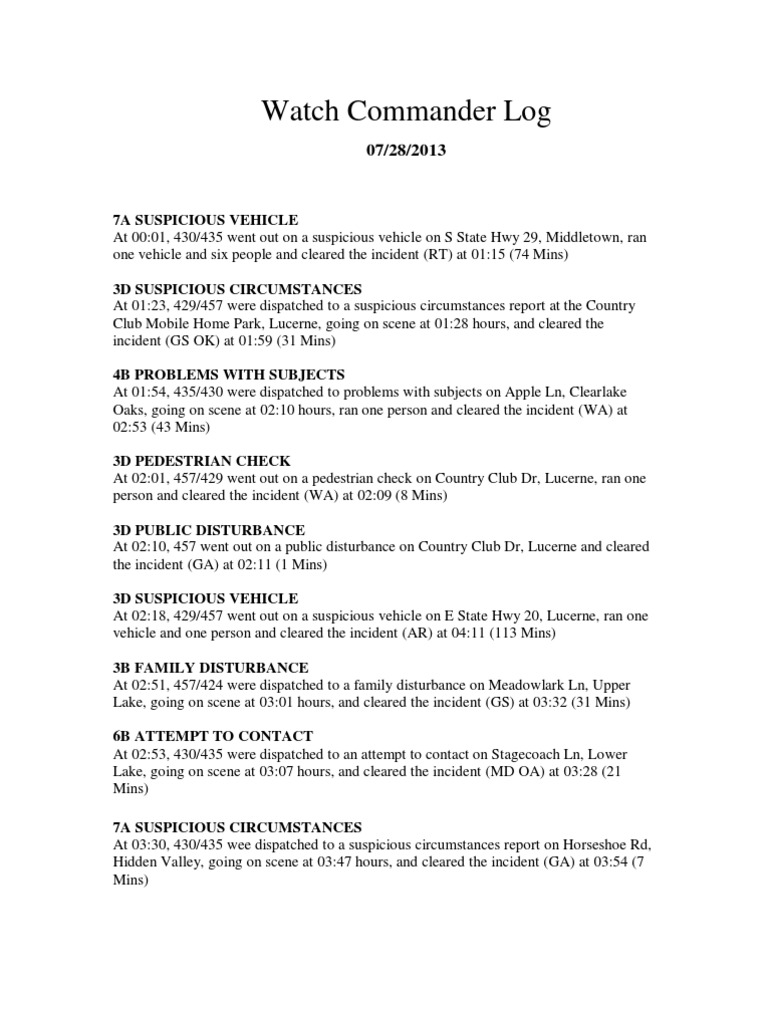Daily Watch Commander Log Summary | PDF | Land Transport | Road Transport