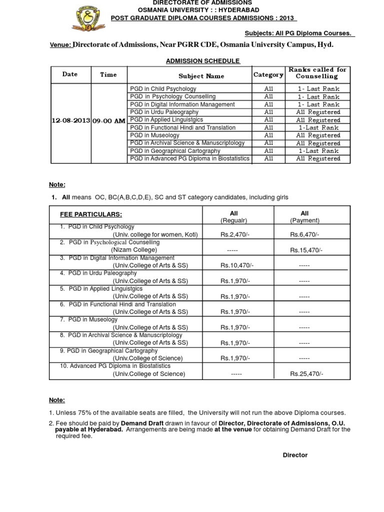 OUCET 2013-All PG Diploma Courses Admission Counselling Schedule | PDF