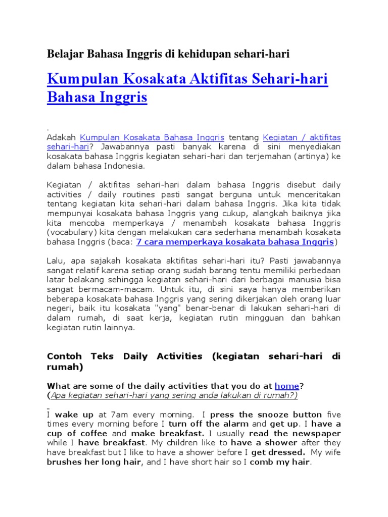 Contoh Gambar Aktivitas Sehari Hari Dalam Bahasa Inggris Berbagai Contoh