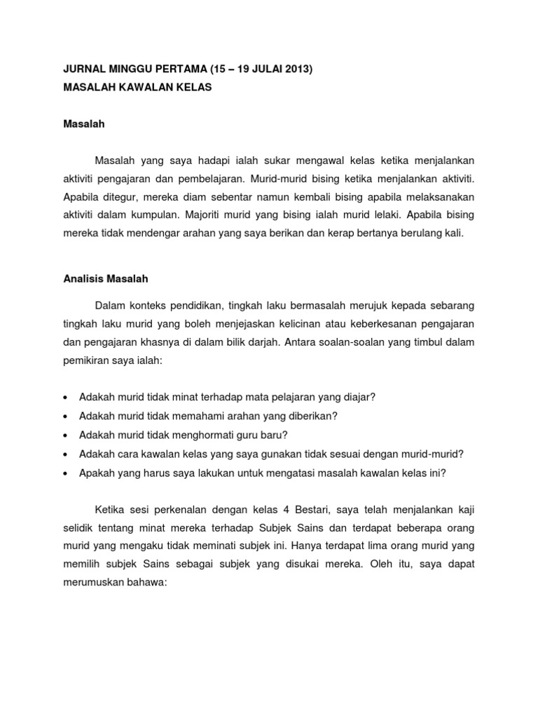 Jurnal Minggu Pertama Kawalan Kelas Pdf