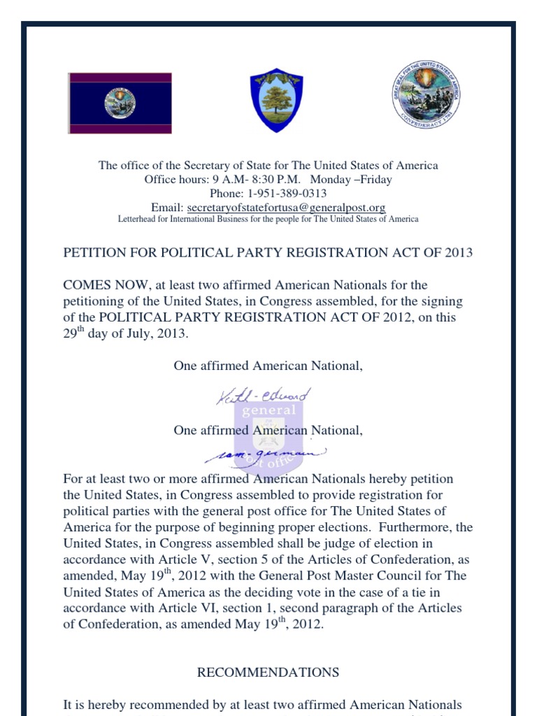 Political Party Registration Act of 2013 Government Politics Free