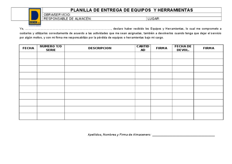 Planilla Entrega de Equipos y Herramientas